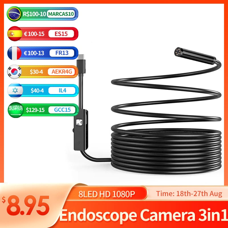 Endoscope Camera 3in1 Mini Camera Waterproof Hard Wire Pipeline Inspection Borescope  for Car for Iphone Android Smartphone